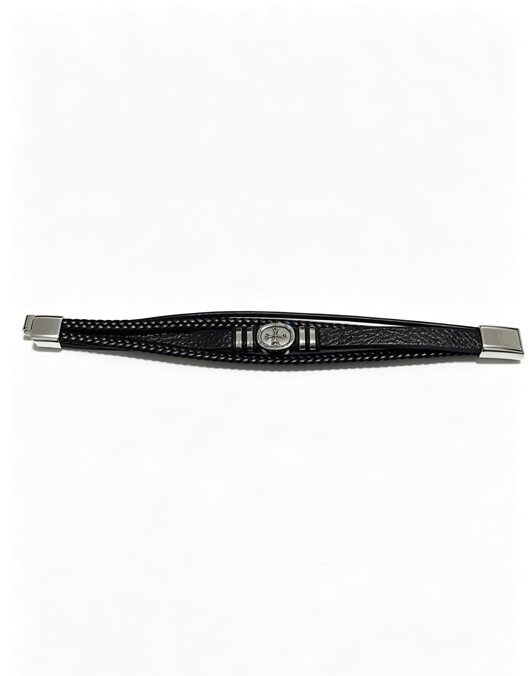 Chrome Hearts Men's Black Leather Bracelet with Silver Accents